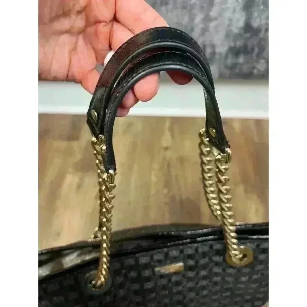 Kate Spade Woven Shoulder Bag Gold Tone Chain Satchel Black 10X16 Large